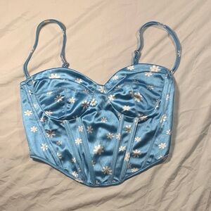 Blue Floral Satin Faux Corset Top